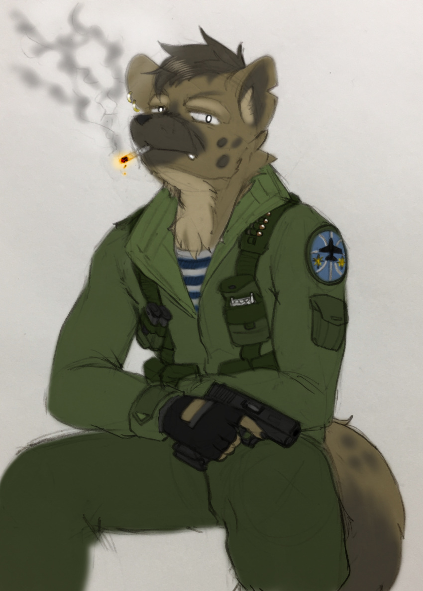 absurd_res anthro bullet cigarette cigarette_in_mouth gun handgun hi_res hyena male mammal object_in_mouth ranged_weapon solo spade_rackham spotted_hyena weapon zzinhimsum