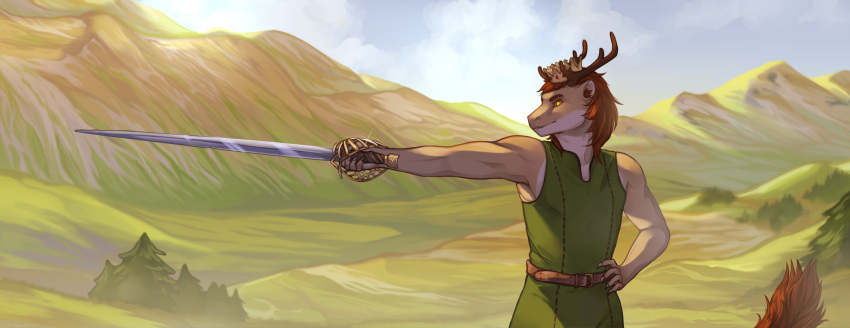 absurd_res anthro antlers clothed clothing crown digital_media_(artwork) dragon fantasy field front_view fully_clothed half-length_portrait headgear hi_res hill horn landscape male mane melee_weapon muscular muscular_anthro muscular_male mythological_creature mythological_scalie mythology oooopo portrait prince prince_borgon royalty scalie schiavona shirt solo standing story story_in_description sun sword tail tail_tuft tales_from_valmeridia topwear tuft tunic weapon