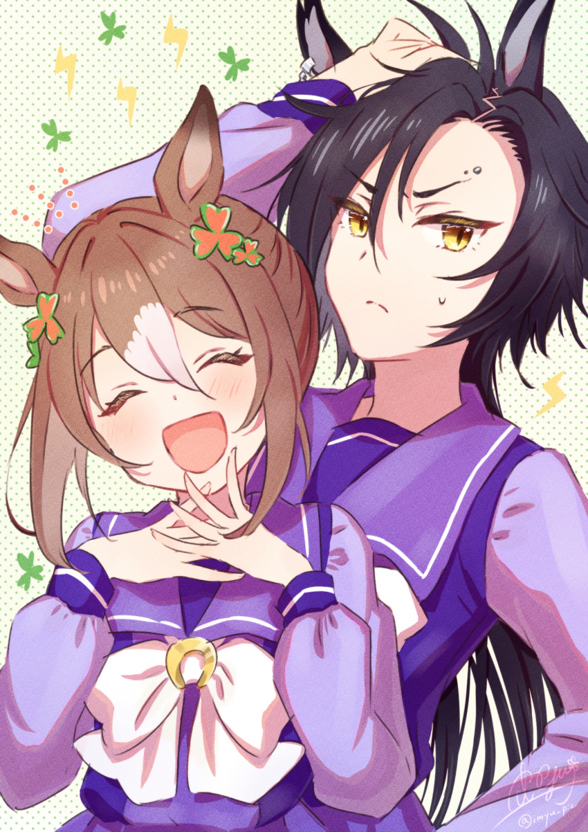 2girls air_shakur_(umamusume) animal_ears black_hair blush breasts brown_hair closed_mouth clover clover_hair_ornament commentary dotted_background eyebrow_piercing facing_viewer fine_motion_(umamusume) hair_ornament hand_in_own_hair highres horse_ears horse_girl lightning_bolt_symbol long_hair long_sleeves looking_at_viewer medium_breasts multicolored_hair multiple_girls own_hands_together parted_bangs piercing purple_shirt sailor_collar school_uniform shirt slit_pupils smile sweatdrop tracen_school_uniform two-tone_hair umamusume upper_body v-shaped_eyebrows watawatage yellow_eyes