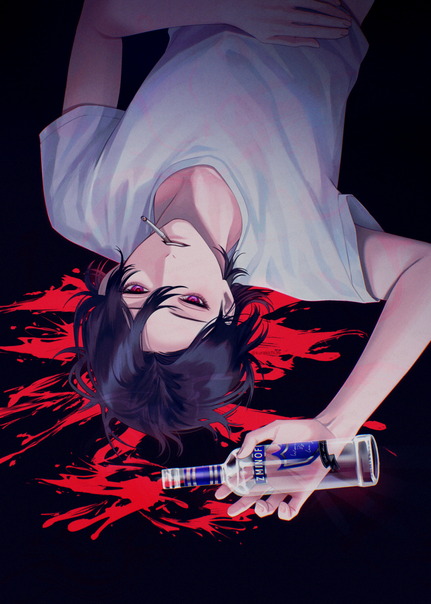 1boy bishounen black_hair blood bottle cigarette highres kurakichi36 looking_at_viewer lying male_focus original purple_eyes shirt short_hair smoking solo white_shirt