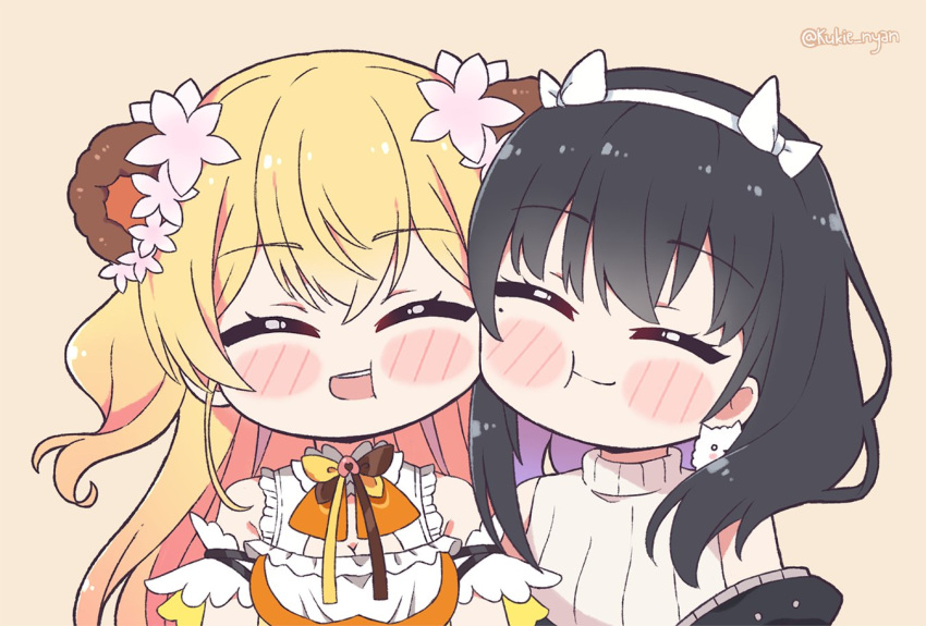 2girls ^_^ animal_ears bare_shoulders bear_ears black_hair blonde_hair blush blush_stickers bow bow_hairband bowtie brown_background cheek-to-cheek cheek_press cheek_squash chibi chibi_only closed_eyes collar collared_dress commentary dress english_commentary flower frilled_collar frilled_dress frilled_sleeves frills hair_flower hair_intakes hair_ornament hairband happy heads_together heart heart_ribbon hololive indie_virtual_youtuber kukie-nyan long_hair mole mole_under_eye momosuzu_nene momosuzu_nene_(1st_costume) multiple_girls neck_ribbon nishizaa-san open_mouth orange_dress orange_ribbon ribbon short_sleeves short_twintails simple_background sleeveless sleeveless_sweater smile sweater teeth turtleneck turtleneck_sweater twintails twitter_username two_side_up virtual_youtuber watermark white_hairband white_sleeves