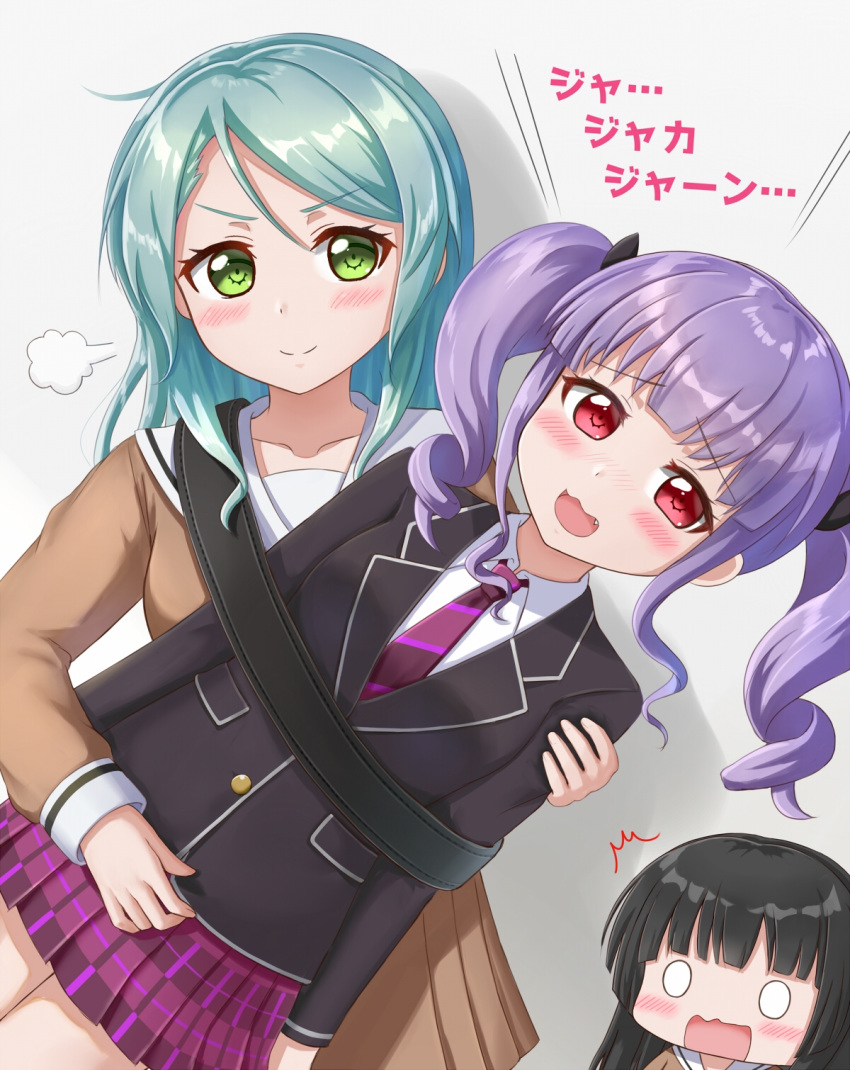 3girls ^^^ bang_dream! black_hair blazer blunt_bangs blush carrying chibi chibi_inset collarbone commentary_request drill_hair embarrassed green_eyes hanasakigawa_school_uniform haneoka_school_uniform highres hikawa_sayo hime_cut human_guitar jacket light_green_hair lilium443 long_hair multiple_girls necktie o_o oerba_yun_fang open_mouth parted_bangs plaid plaid_neckwear plaid_skirt puff_of_air purple_hair red_eyes sailor_collar school_uniform shadow shirokane_rinko simple_background skirt smile smug strap surprised translation_request twin_drills twintails udagawa_ako unconventional_guitar wavy_mouth