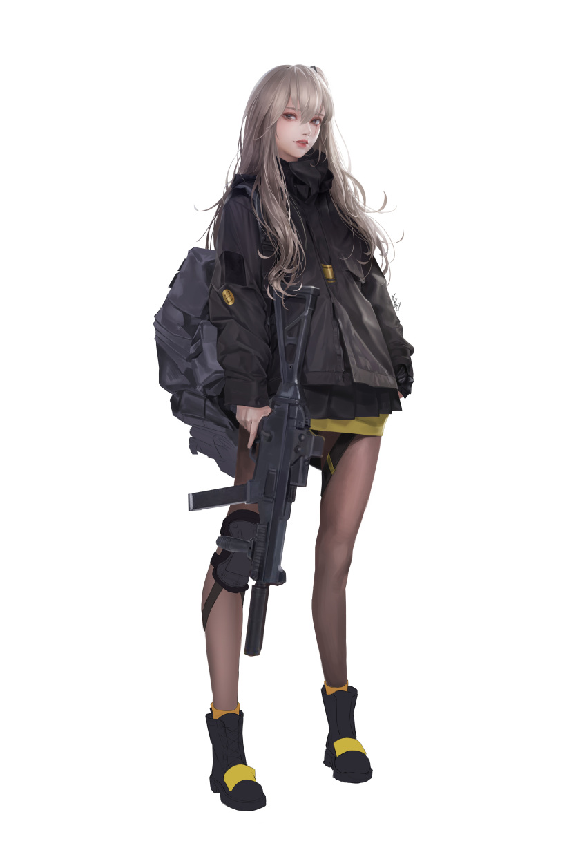 absurdres bag baggy_clothes black_footwear black_jacket black_pantyhose boots brown_eyes brown_hair brown_pantyhose commentary english_commentary female full_body girls'_frontline grey_hair gun h&k_ump hair_between_eyes hair_ornament heckler_&_koch highres holding holding_gun holding_weapon jacket lips lizchief long_hair looking_at_viewer nose official_alternate_costume one_side_up pantyhose pleated_skirt scar scar_across_eye scar_on_face shell_jacket simple_background skirt smile solo submachine_gun trigger_discipline ump45_(girls'_frontline) ump45_(winter_journey)_(girls'_frontline) weapon white_background