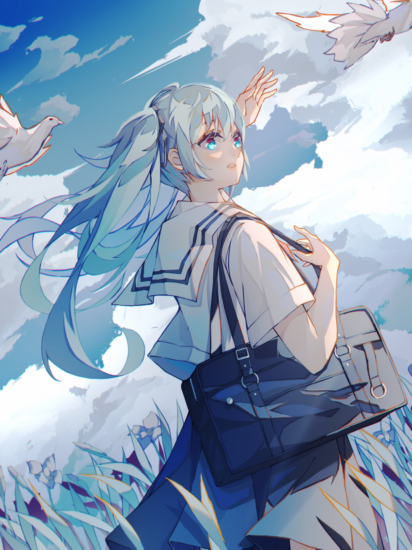 absurdres aqua_eyes aqua_hair bag bird blue_skirt chinese_commentary cloud cloudy_sky collared_shirt commentary_request cowboy_shot dutch_angle female grass hand_up hatsune_miku highres long_hair outdoors parted_lips pleated_skirt qizhongji sailor_collar school_uniform shirt short_sleeves shoulder_bag skirt sky solo standing twintails vocaloid white_shirt