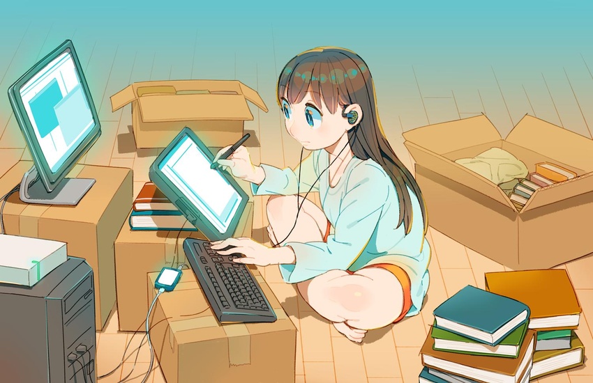 aqua_shirt bare_legs barefoot book book_stack box brown_hair computer_keyboard cpu drawing_tablet earbuds earphones female holding holding_stylus long_hair long_sleeves nobile1031 open_box orange_shorts original screen shadow shirt shorts sitting solo stylus