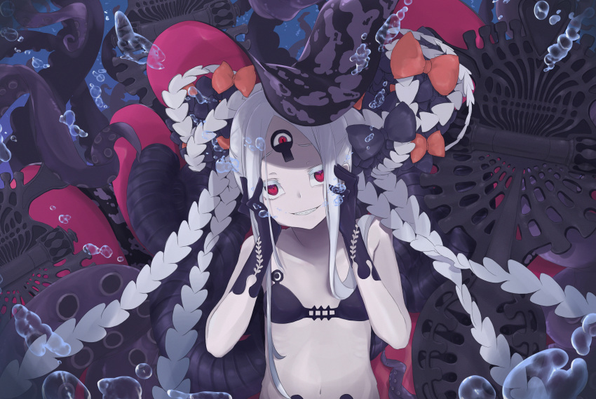 abigail_williams_(fate) abigail_williams_(swimsuit_foreigner)_(fate) abigail_williams_(swimsuit_foreigner)_(first_ascension)_(fate) absurdres air_bubble bad_id bad_pixiv_id bare_shoulders bikini black_bikini black_bow bow breasts bubble collarbone colored_skin double_bun fate/grand_order fate_(series) female forehead grin hair_bun highres keyhole lazu0721 long_hair looking_at_viewer multiple_bows navel orange_bow parted_bangs pink_eyes sidelocks small_breasts smile staff swimsuit tentacle thighs third_eye underwater very_long_hair white_hair white_skin