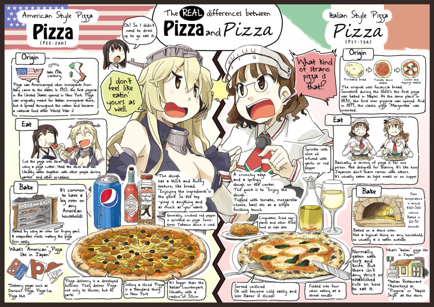 4girls akagi_(kancolle) alcohol american_flag arancini ascot basil_leaf black_border blonde_hair border bottle breasts brown_eyes brown_hair cleavage closed_eyes collar cup detached_sleeves domino's_pizza drinking_glass eating elbow_gloves english_text fingerless_gloves food fork gloves hard-translated headdress headgear iowa_(kancolle) italian_flag italy japanese_clothes kantai_collection knife large_breasts littorio_(kancolle) long_hair margherita_pizza multiple_girls muneate nagumo_(nagumon) non-web_source olive open_mouth oven pepsi pizza pizza_hut pizza_sauce restaurant roma_(kancolle) shawl shirt shrugging sidelocks sleeveless sleeveless_shirt smile tabasco third-party_edit tied_shirt tray united_states wide_sleeves wine wine_bottle wine_glass