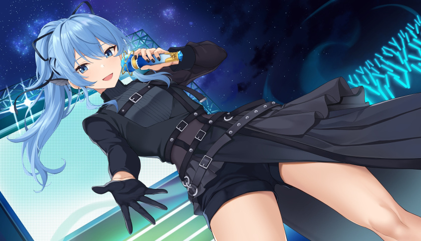 :d black_gloves black_nails black_shorts blue_eyes blue_hair chinese_commentary commentary_request feet_out_of_frame female floating_hair gloves glowstick hair_ribbon highres holding holding_microphone hololive hoshimachi_suisei hoshimachi_suisei_(shout_in_crisis) long_hair microphone music night night_sky official_alternate_costume official_alternate_hairstyle open_hand open_mouth ponytail ribbon short_shorts shorts sidelocks singing single_glove sky smile solo stage star_(sky) star_(symbol) star_in_eye starry_sky symbol_in_eye terry_(pixiv3274443) thighs virtual_youtuber wing_hair_ornament