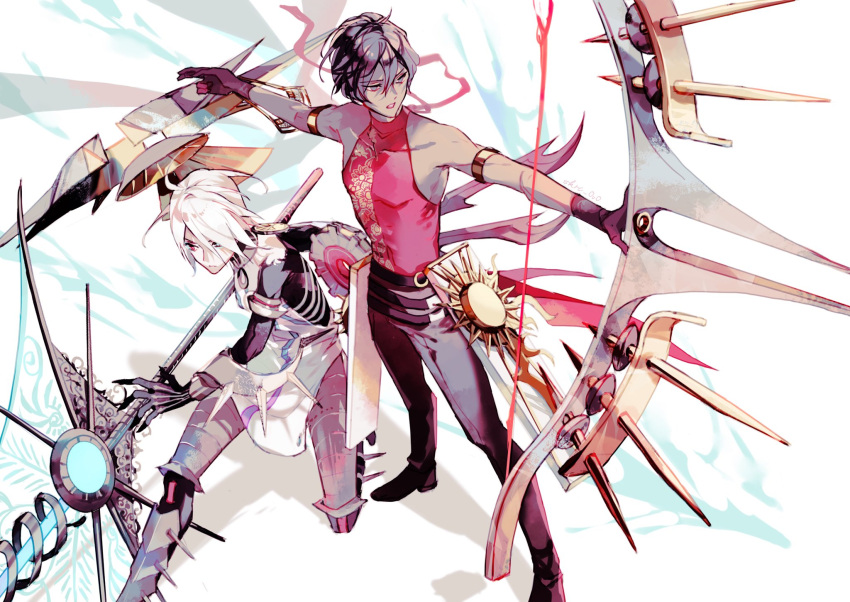 2boys alternate_costume arjuna_(fate) arjuna_(fire_god's_brace)_(fate) bishounen black_hair blue_eyes dark-skinned_male dark_skin earrings fate/grand_order fate_(series) gloves hair_between_eyes highres holding jewelry karna_(brahma's_god_brace)_(fate) karna_(fate) long_hair male_focus multiple_boys pale_skin sakuramochi1003 weapon white_hair