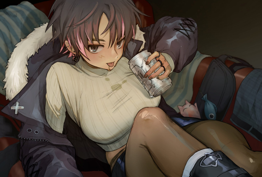 :p asahi_breweries beer_can black_coat bon_(vtuber) breasts brown_hair brown_nails can closed_mouth coat colored_tips commission crop_top cropped_shirt dark-skinned_female dark_skin drink_can ear_piercing earrings feet_out_of_frame female fur_trim highres holding holding_can indie_virtual_youtuber jewelry kichiya knees_up large_breasts midriff multicolored_hair pantyhose piercing pink_hair shirt short_hair skeb_commission solo tongue tongue_out virtual_youtuber white_shirt