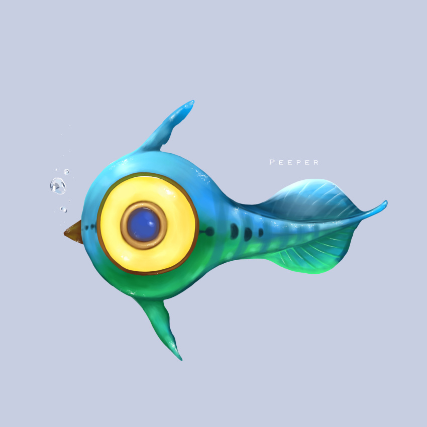 animal_focus bad_id bad_pixiv_id blue_background brown_eyes bubble character_name colored_sclera commentary english_text fish from_side highres medama_(medamaxx) no_humans peeper_(subnautica) profile simple_background solo subnautica yellow_sclera