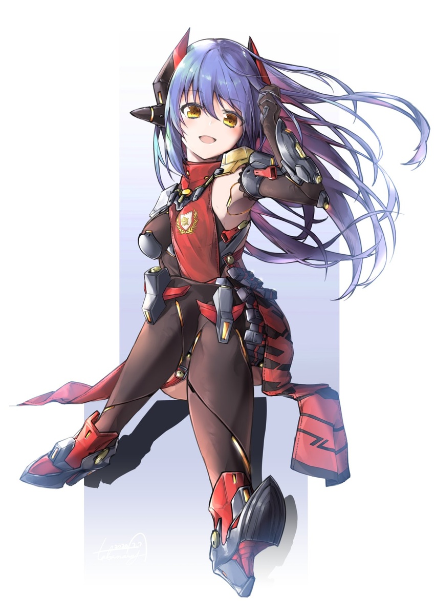 android black_background black_gloves breasts brown_hair female gloves headpiece highres joints large_breasts leglus long_hair looking_at_viewer open_mouth poppi_(xenoblade) poppi_qtpi_(xenoblade) purple_hair red_scarf robot_ears robot_joints scarf smile solo sword thighhighs weapon xenoblade_chronicles_(series) xenoblade_chronicles_2