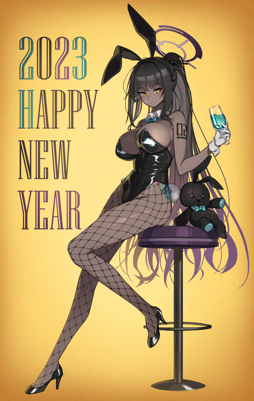 2023 absurdres animal_ears black_hair black_leotard blue_archive bottle bow breasts chinese_zodiac cleavage commentary cup dark-skinned_female dark_skin detached_collar drinking_glass english_commentary fake_animal_ears female fishnet_pantyhose fishnets full_body gradient_background halo happy_new_year high_heels highres karin_(blue_archive) karin_(bunny)_(blue_archive) large_breasts legs leotard long_hair new_year number_tattoo official_alternate_costume orange_background pantyhose penguin_say playboy_bunny ponytail rabbit_ears sideboob sitting solo strapless strapless_leotard stuffed_animal stuffed_toy tattoo very_long_hair wrist_cuffs year_of_the_rabbit yellow_background yellow_eyes