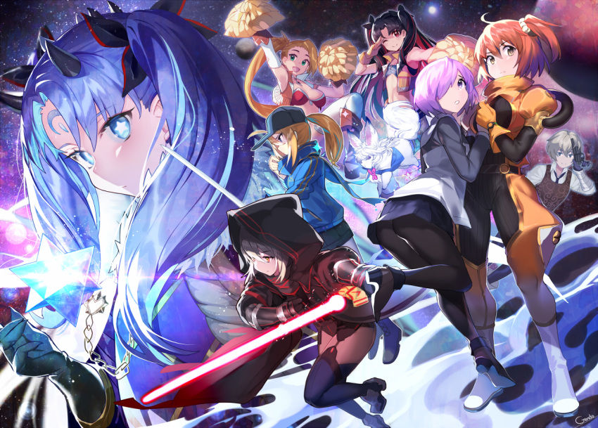 1boy 6+girls ahoge artoria_pendragon_(fate) baseball_cap bikini bikini_top_only billy_the_kid_(fate) black_hair black_jacket black_pantyhose blonde_hair blue_eyes blue_hair blue_jacket blue_scarf blush bodysuit breasts brown_vest calamity_jane_(fate) cleavage crescent crescent_facial_mark earrings facial_mark fate/grand_order fate_(series) forehead_mark fou_(fate) fujimaru_ritsuka_(female) fujimaru_ritsuka_(female)_(captain_chaldea) gendo0032 green_eyes gun hair_over_one_eye hair_through_headwear handgun hat himitsucalibur_(fate) holding holding_sword holding_weapon hood hooded_jacket hoop_earrings horns ishtar_(fate) jacket jewelry large_breasts left-handed light_purple_hair long_hair long_sleeves looking_at_viewer mash_kyrielight multicolored_hair multiple_girls mysterious_heroine_x_(fate) mysterious_heroine_x_alter_(fate) mysterious_heroine_x_alter_(third_ascension)_(fate) official_alternate_costume one_eye_closed one_side_up open_mouth orange_bodysuit orange_eyes orange_hair pantyhose pom_pom_(cheerleading) ponytail purple_eyes red_bikini red_hair rojiura_satsuki:_chapter_heroine_sanctuary saint_quartz_(fate) scarf short_hair side_ponytail smile space_ishtar_(astarte_origin)_(fate) space_ishtar_(fate) space_ishtar_(second_ascension)_(fate) star-shaped_pupils star_(symbol) stellated_octahedron swimsuit sword symbol-shaped_pupils track_jacket two-tone_hair two_side_up very_long_hair vest weapon