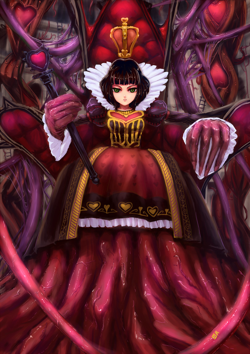 alice:_madness_returns american_mcgee's_alice black_hair bookseve commentary_request crown dress female green_eyes heart highres photoshop_(medium) queen_of_hearts_(alice_in_wonderland) sitting solo staff supportasse tentacle throne