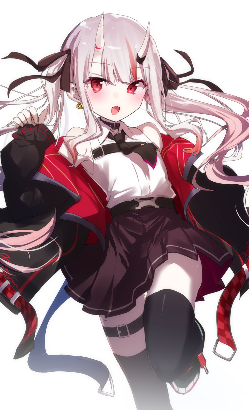 :3 absurdres bare_shoulders black_legwear black_necktie black_skirt blush bow earrings eyes_visible_through_hair female flat_chest gradient_hair grey_hair hair_between_eyes hair_ribbon hairbow highres hololive horns jacket jewelry long_hair long_sleeves looking_at_viewer multicolored_hair nakiri_ayame nakiri_ayame_(streetwear) necktie oerba_yun_fang official_alternate_costume oni open_mouth pale_skin pleated_skirt red_eyes red_hair ribbon shirt simple_background single_earring skin-covered_horns skirt sleeveless sleeveless_shirt smile solo streaked_hair twintails virtual_youtuber white_background white_shirt xiaowei_(xxx29042536)