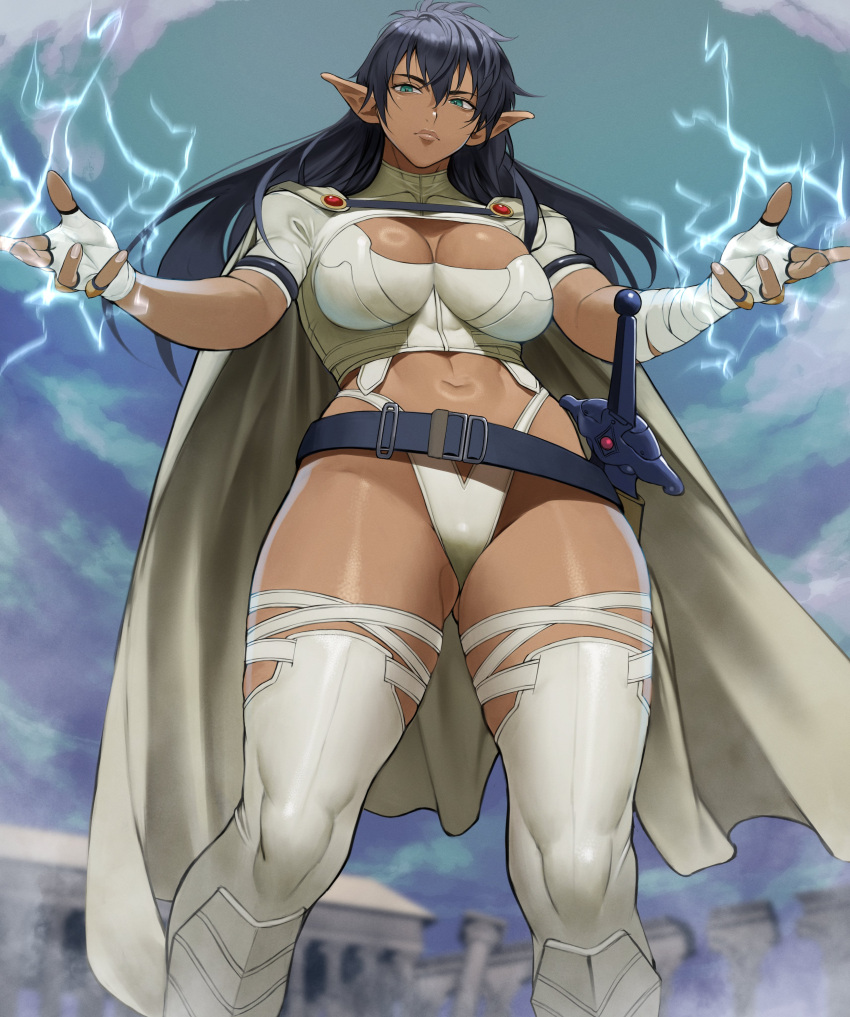 absurdres arshes_nei ass_visible_through_thighs bastard!! belt bikini black_belt black_hair breasts cape curvy dark-skinned_female dark_elf dark_skin electricity electrokinesis elf female fingerless_gloves from_below gloves green_eyes hair_between_eyes hand_wraps highres large_breasts long_hair magic pointy_ears sheath sheathed shiny_clothes shiny_skin solo storm swimsuit sword thick_thighs thigh_strap thighhighs thighs toned weapon white_bikini white_cape white_gloves white_thighhighs yoshio_(55level)