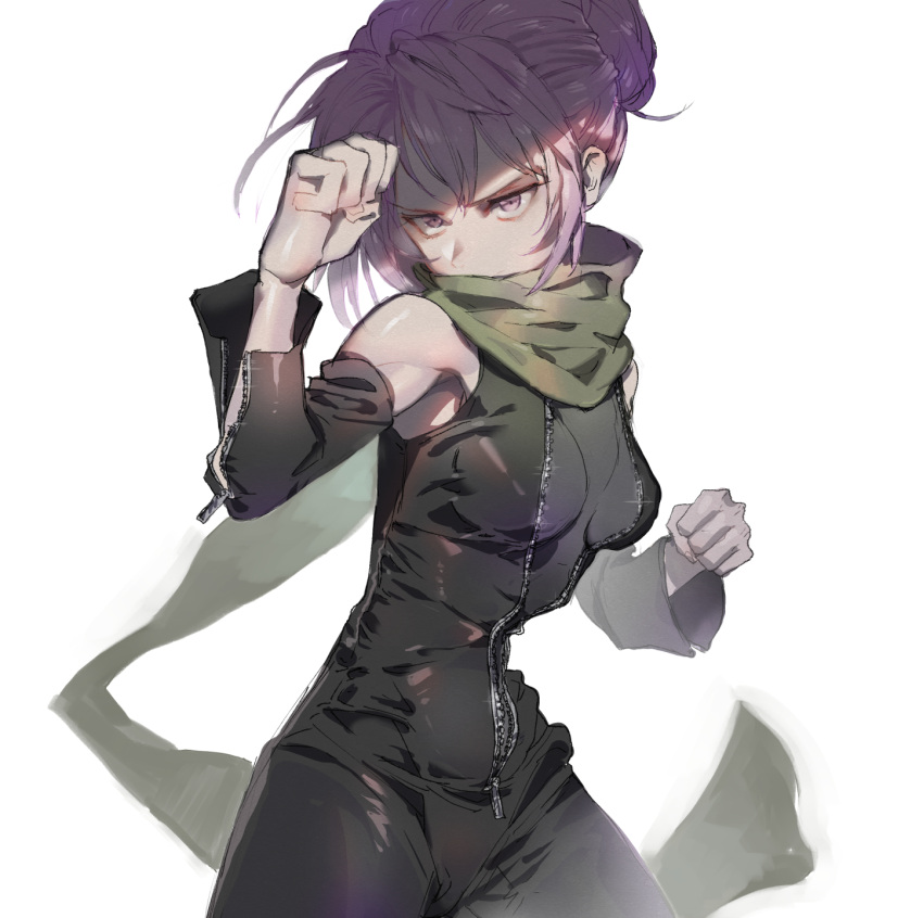 black_bodysuit bodysuit breasts clenched_hands commentary_request detached_sleeves female fighting_stance green_scarf hair_up highres irodori_(irodoriginal) kemurikusa purple_eyes purple_hair rin_(kemurikusa) scarf solo standing tanakalma v-shaped_eyebrows zipper_pull_tab