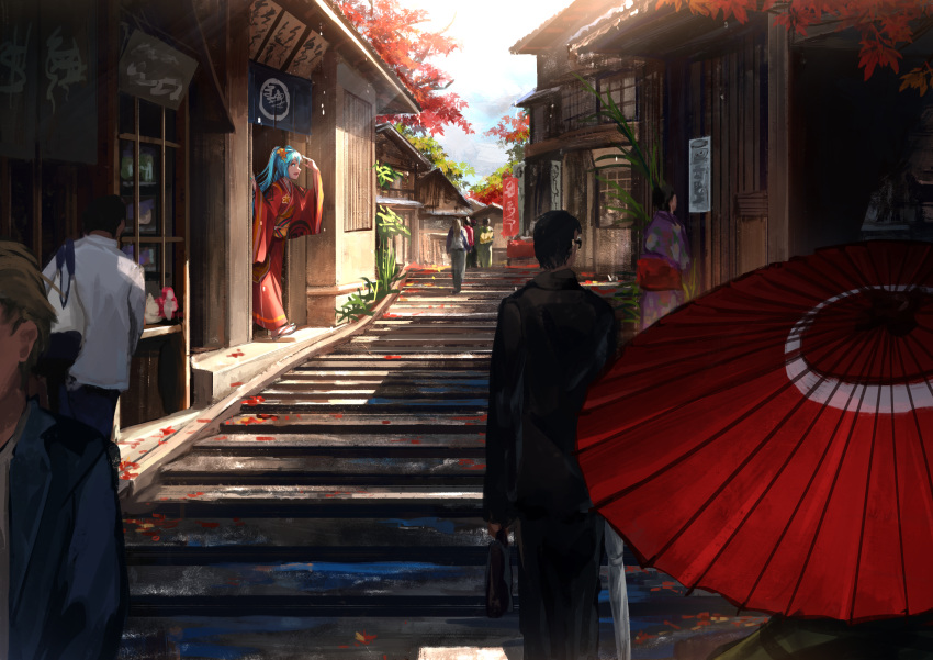 absurdres aqua_eyes aqua_hair architecture autumn_leaves banner commentary day east_asian_architecture floral_print hatsune_miku highres japanese_clothes joki_yoh kimono kyoto leaf maple_leaf oil-paper_umbrella outdoors peeking_out people plant purple_kimono red_kimono red_umbrella road sandals scenery shading_eyes shop slope stairs street sunlight tree twintails umbrella vocaloid