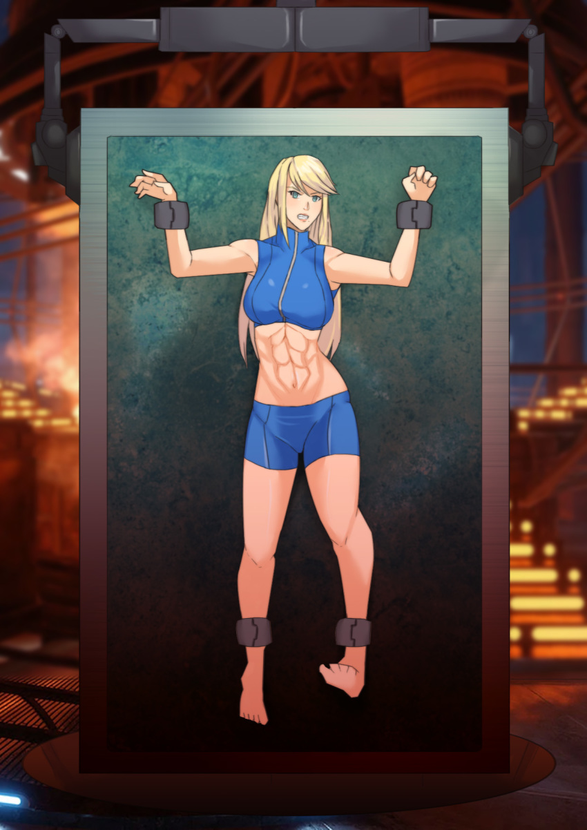 1girls 2020 2020s abs angry arms_up barefoot blonde_hair blue_eyes blue_shorts bondage carbonite damsel damsel_in_distress gritted_teeth gym_shorts living_statue long_hair looking_at_viewer metroid midriff muscles nintendo peril restrained samus_aran shorts soles spats sports_bra star_wars stationary_restraints struggling tomboy tryeka