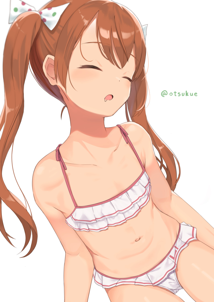 bare_arms bare_legs bare_shoulders bikini blush bow brown_hair closed_eyes collarbone commentary_request cowboy_shot drooling dx_(dekusu) female frilled_bikini frills hair_ribbon hairbow highres kantai_collection libeccio_(kancolle) libeccio_(swimsuit_mode)_(kancolle) long_hair navel oerba_yun_fang official_alternate_costume open_mouth polka_dot polka_dot_bow polka_dot_ribbon ribbon sitting sleeping solo stomach striped_bikini striped_clothes swimsuit twintails twitter_username white_background white_bikini white_ribbon