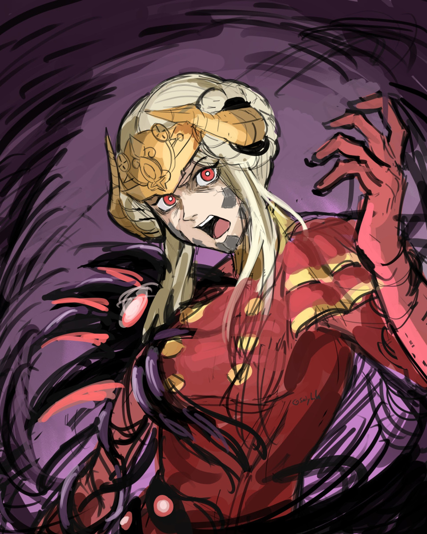 absurdres black_sclera breasts cape claws colored_sclera commentary dress edelgard_von_hresvelg edelgard_von_hresvelg_(hegemon_husk) english_commentary female fire_emblem fire_emblem:_three_houses fire_emblem_heroes gloves hair_ornament highres horns long_hair looking_at_viewer monster monster_girl open_mouth red_eyes saiykik simple_background solo white_hair