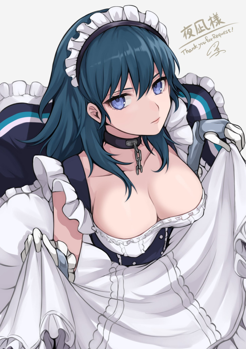 apron apron_hold azur_lane bangs belfast_(azur_lane) belfast_(azur_lane)_(cosplay) black_choker blue_eyes blue_hair breasts byleth_(fire_emblem) byleth_(fire_emblem)_(female) chains choker cleavage commentary_request cosplay dress female fire_emblem fire_emblem:_three_houses gloves grey_background hair_between_eyes highres large_breasts long_hair looking_at_viewer maid maid_apron maid_headdress shimizu_akina simple_background solo white_apron white_gloves