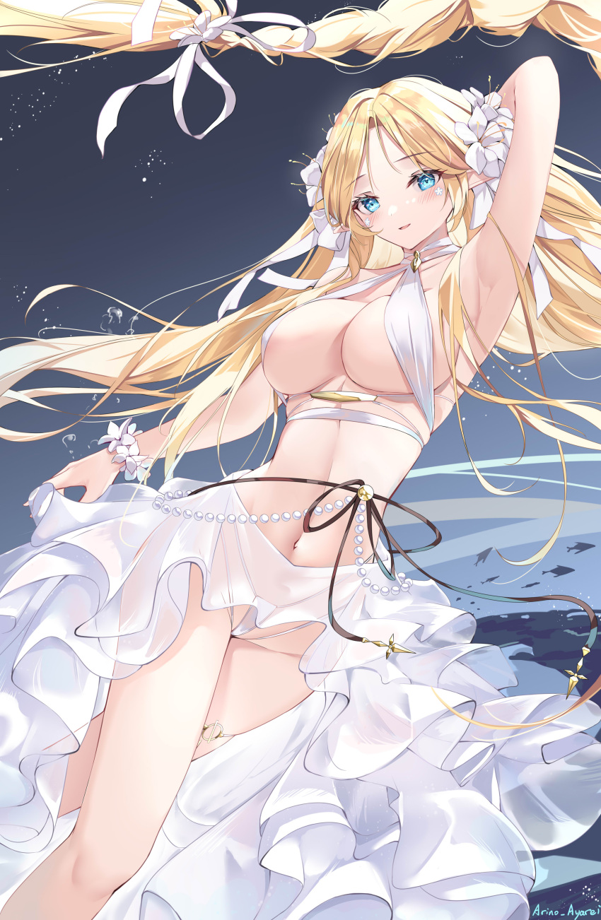 absurdres arino_ayarei arm_up armpits azur_lane beads bikini blonde_hair blue_eyes blush braid braided_ponytail breasts brest_(azur_lane) brest_(marine_muse)_(azur_lane) chinese_commentary choker cleavage commentary_request criss-cross_halter dutch_angle feet_out_of_frame female floating_hair flower frilled_skirt frills groin hair_flower hair_ornament hair_ribbon halterneck highleg highleg_bikini highres large_breasts linea_alba long_hair looking_at_viewer navel official_alternate_costume parted_bangs parted_lips revealing_clothes revision ribbon see-through see-through_skirt single_braid skirt smile solo stomach swimsuit thighs thong_bikini very_long_hair white_bikini white_choker white_flower white_ribbon white_skirt wrist_flower