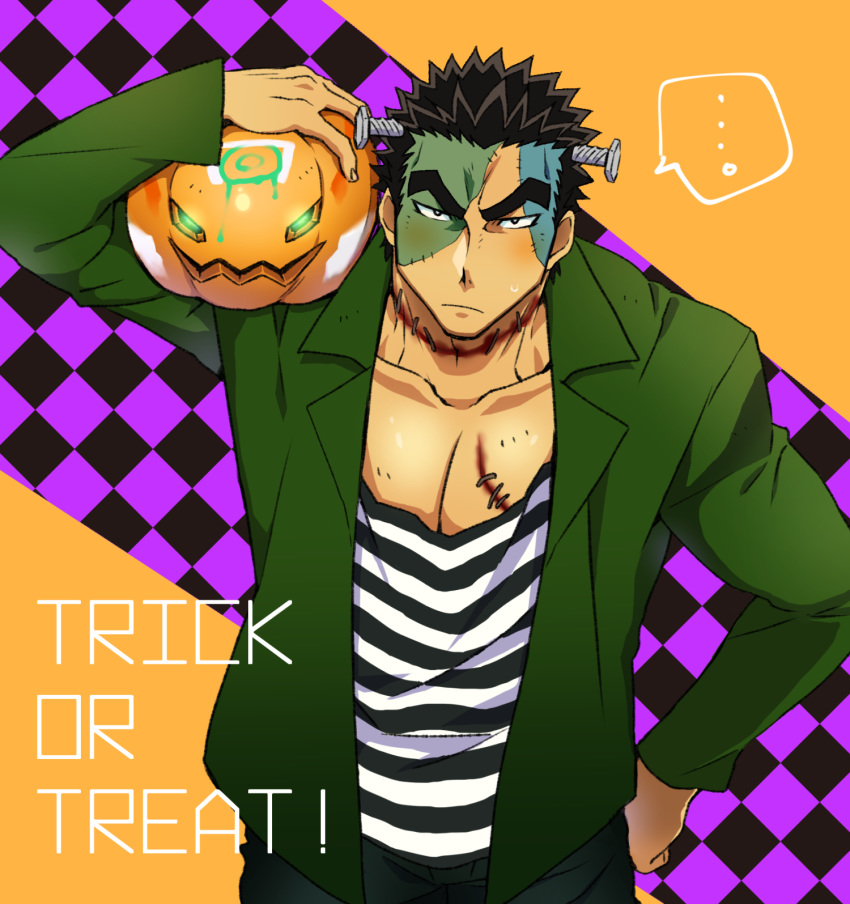 1boy akihiro_altland bara black_eyes black_hair cosplay cowboy_shot dark-skinned_male dark_skin ezaki_papiko frankenstein's_monster frankenstein's_monster_(cosplay) gundam gundam_tekketsu_no_orphans halloween halloween_costume highres jack-o'-lantern large_pectorals male_focus muscular muscular_male open_clothes pants pectorals pumpkin pumpkin_hat scar short_hair solo thick_eyebrows