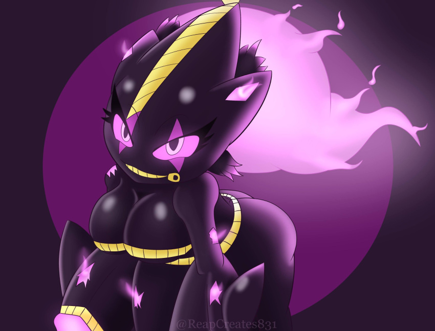 2021 callista_(reapcreates831) clothing female generation_3_pokemon generation_6_pokemon gimp_mask glowing glowing_eyes hi_res humanoid latex latex_clothing mask mega_banette mega_evolution nintendo not_furry pokemon pokemon_(species) purple_background purple_eyes purple_sclera reapcreates831 signature simple_background solo watermark zipper