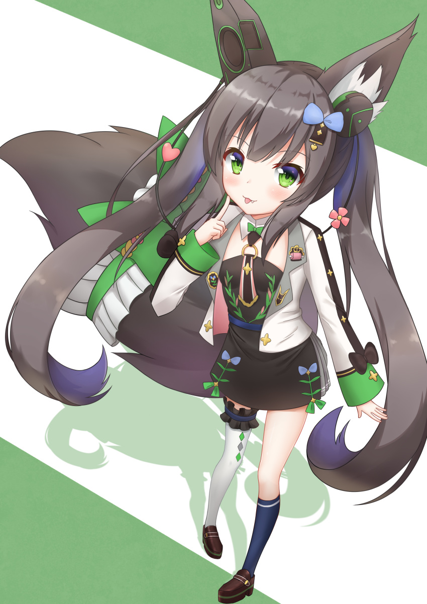 943744252 absurdres animal_ears black_hair blush chigusa_hana commentary_request female finger_to_cheek flat_chest fox_ears fox_tail full_body green_eyes hair_ornament headphones highres indie_virtual_youtuber jacket long_hair looking_at_viewer mechanical_parts oerba_yun_fang ribbon shadow single_thighhigh solo tail thighhighs tongue tongue_out twintails virtual_youtuber