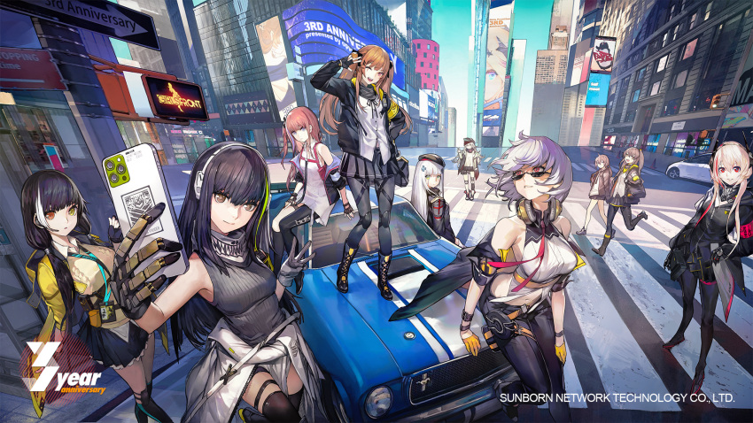 404_(girls'_frontline) 6+girls anniversary anti-rain_(girls'_frontline) armband asymmetrical_legwear bare_shoulders beret black_hair blonde_hair blue_eyes blunt_bangs boots breasts brown_eyes brown_hair car cellphone city cityscape clothes_around_waist collarbone collared_shirt copyright_name crop_top cross-laced_footwear dress drum_magazine earpiece emblem english_text expressionless eyewear_on_head fingerless_gloves ford ford_mustang ford_mustang_(1st_generation) from_above g11_(girls'_frontline) girls'_frontline gloves green_eyes green_hair grey_hair griffin_&_kryuger hair_ornament hair_ribbon hairclip hands_in_pockets hat headband headgear headphones heterochromia highres hk416_(girls'_frontline) hood hooded_jacket id_card jacket jacket_around_waist knee_boots knee_pads lace-up_boots large_breasts leaning_back leaning_on_object long_hair looking_afar looking_at_viewer looking_away looking_to_the_side low_twintails m200_(girls'_frontline) m4_sopmod_ii_(girls'_frontline) m4a1_(girls'_frontline) magazine_(weapon) mask mechanical_arms medium_breasts messy_hair motor_vehicle multicolored_hair multiple_girls muscle_car navel necktie off_shoulder official_art on_vehicle one_eye_closed oop open_mouth orange_eyes pants pantyhose parted_lips partially_unbuttoned perspective phone pink_hair pleated_skirt ponytail red_eyes red_hair ribbon ro635_(girls'_frontline) scar scar_across_eye scar_on_face scarf selfie shirt short_dress short_hair side_ponytail sidelocks sitting skindentation skirt skull_mask sleeveless sleeves_rolled_up small_breasts smartphone smile sports_car st_ar-15_(girls'_frontline) standing standing_on_one_leg standing_on_vehicle streaked_hair sunglasses sweater_vest teardrop_tattoo thigh_strap thighhighs thompson_(girls'_frontline) twintails ump45_(girls'_frontline) ump9_(girls'_frontline) uneven_legwear v very_long_hair walking white_hair yellow_armband yellow_eyes