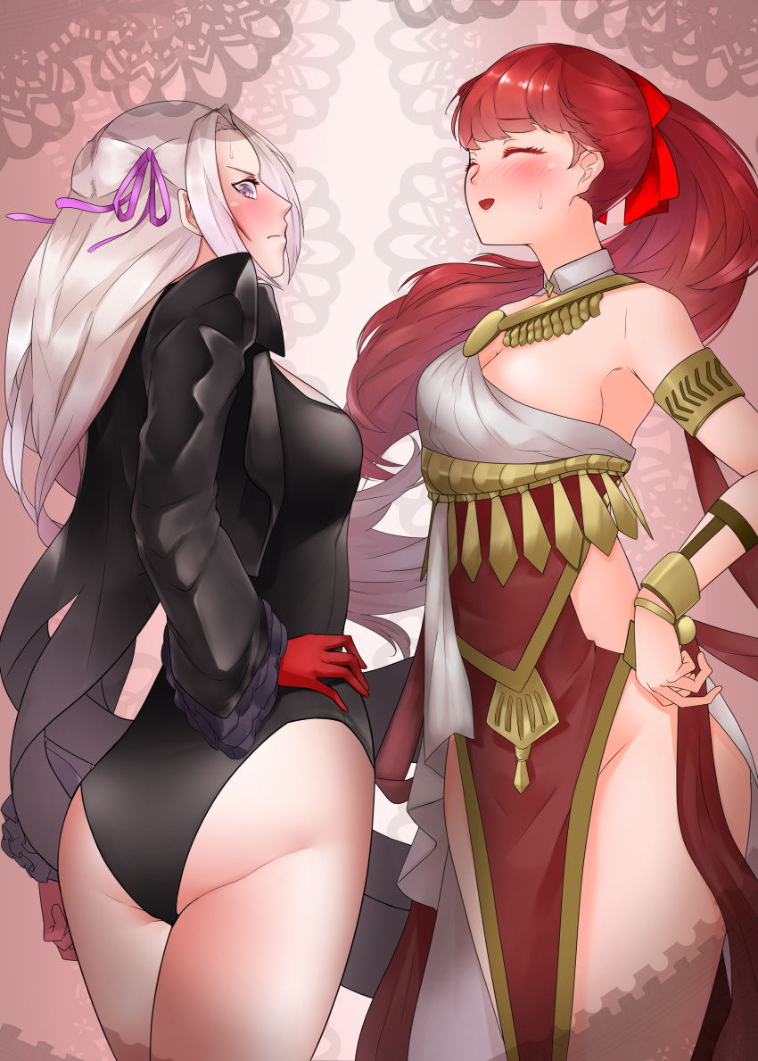 2girls absurdres alternate_costume armlet ass black_jacket black_leotard blush bow bracelet breasts cleavage commentary_request cosplay costume_switch crossover dancer dancer_(fire_emblem:_three_houses) dress earrings edelgard_von_hresvelg edelgard_von_hresvelg_(cosplay) embarrassed fire_emblem fire_emblem:_three_houses gloves grey_hair hair_ribbon hana-ko_(kahun9893) highres jacket jewelry large_breasts leotard long_hair long_sleeves looking_at_viewer midriff multiple_girls navel open_mouth persona persona_5 persona_5_the_royal ponytail red_eyes red_gloves red_hair ribbon simple_background single-shoulder_dress smile weapon yoshizawa_kasumi yoshizawa_kasumi_(cosplay)