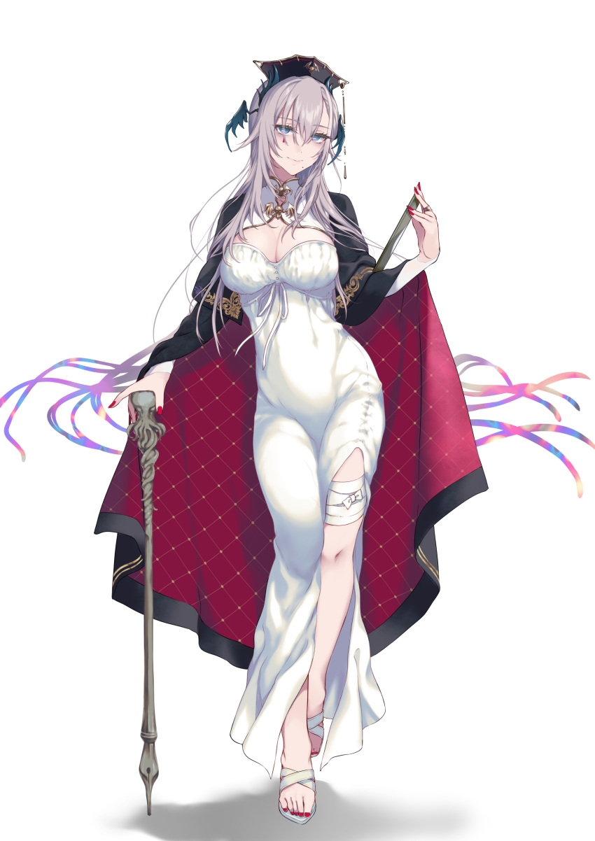 absurdres blue_eyes breasts cane cape cleavage commentary_request dress feet female full_body grey_hair hat head_wings highres indie_virtual_youtuber jewelry large_breasts long_dress looking_at_viewer mole mole_under_mouth nail_polish pochi_(pochi-goya) pochimaru_(vtuber) pochimaru_(vtuber)_(4th_costume) red_nails ring sandals side_slit simple_background smile solo toenail_polish toenails toes virtual_youtuber white_background white_dress wings