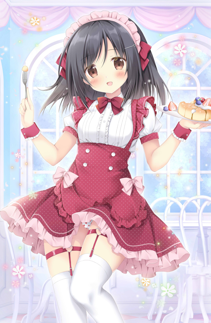 :d absurdres apron black_hair blush bow breasts brown_eyes center_frills collared_shirt commentary_request female food fork frilled_apron frilled_skirt frills hair_between_eyes hair_ornament hairclip hands_up heart heart_hair_ornament highres holding holding_fork korie_riko long_hair looking_at_viewer maid maid_headdress open_mouth original polka_dot polka_dot_apron polka_dot_skirt puffy_short_sleeves puffy_sleeves red_apron red_bow red_skirt shirt short_sleeves skirt small_breasts smile solo thighhighs white_shirt white_thighhighs