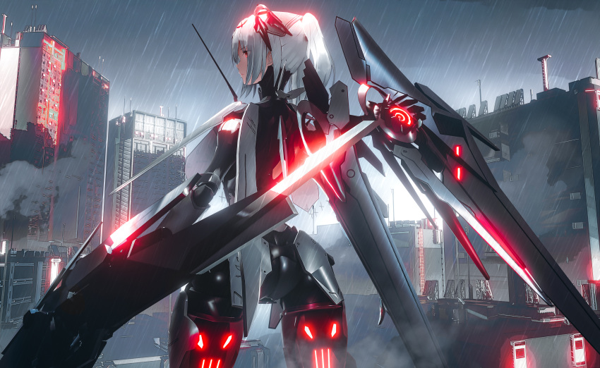 3d absurdres android barcode building chinese_commentary commentary cowboy_shot eyes_visible_through_hair female from_behind glowing glowing_headgear grey_background grey_sky hair_between_eyes highres looking_afar looking_to_the_side mecha mecha_musume medium_hair outdoors ponytail punishing:_gray_raven rain red_eyes robot rooftop rosetta_(punishing:_gray_raven) science_fiction seymour_(sai_lu_er) sky solo standing textless_version turning_head white_hair