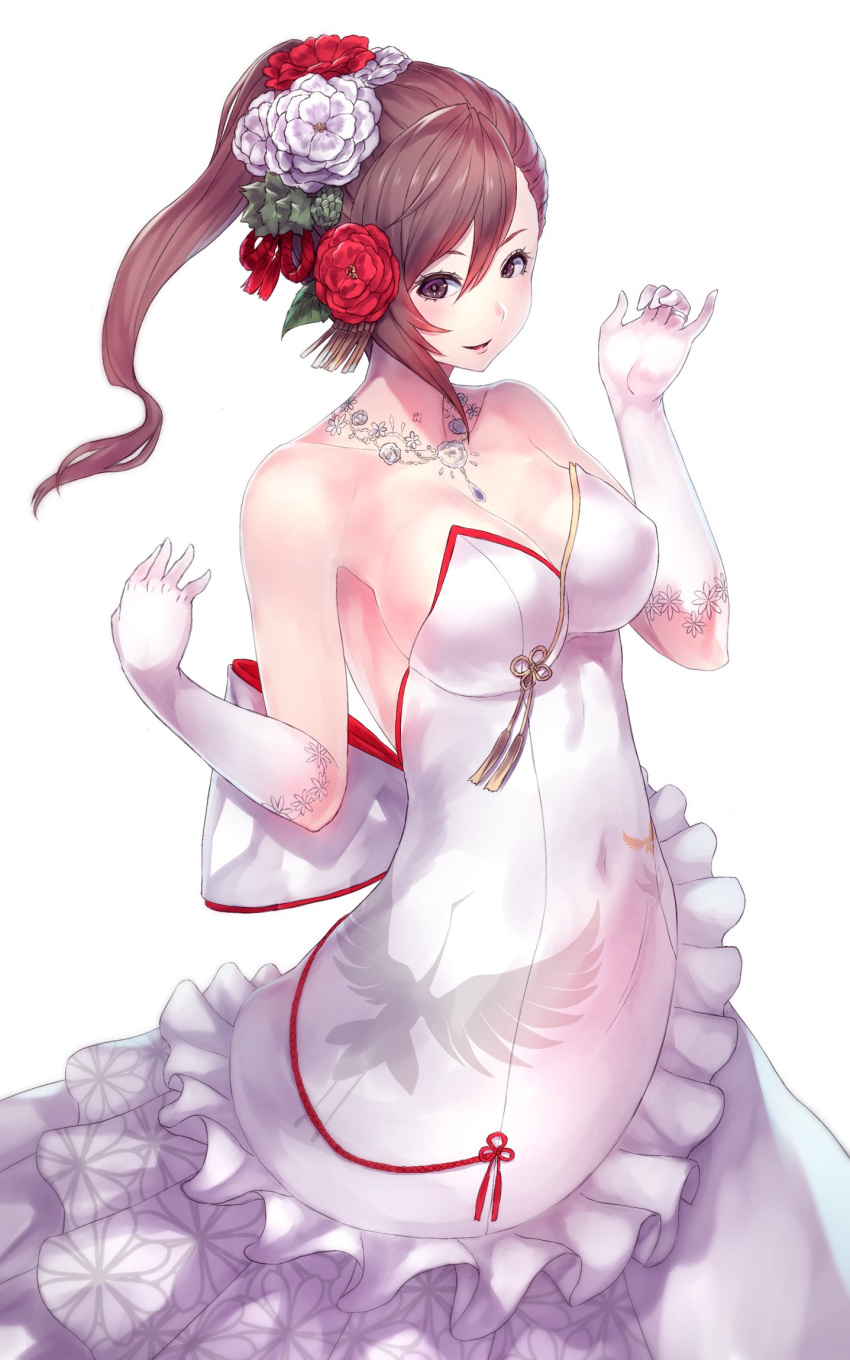 bad_id bad_twitter_id breasts brown_eyes brown_hair dress female flower gloves hair_flower hair_ornament highres long_hair looking_at_viewer ponytail saionji_reimi simple_background smile solo star_ocean star_ocean_anamnesis star_ocean_the_last_hope wedding_dress white_background white_gloves yu_mochi_(kamiinu)