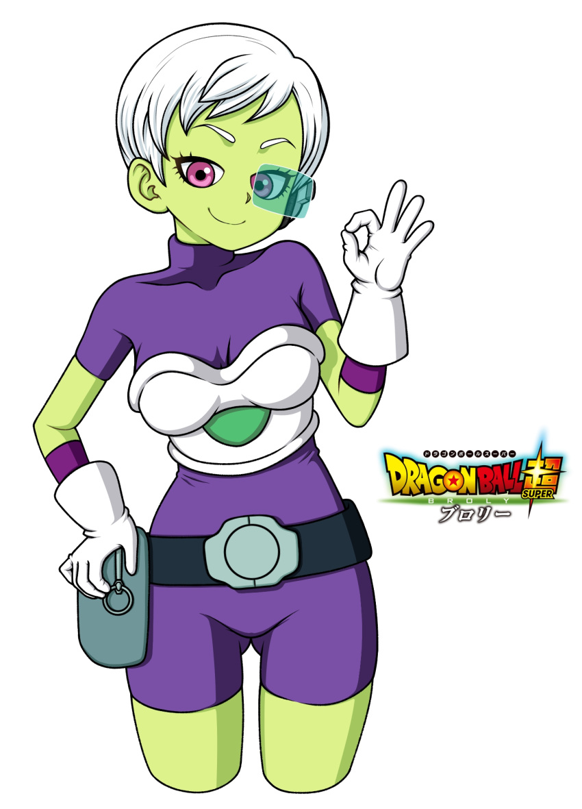 armor bodysuit breasts cheelai closed_mouth colored_skin commentary cropped_legs dragon_ball dragon_ball_super dragon_ball_super_broly eron female gloves green-tinted_eyewear green_skin highres logo looking_at_viewer ok_sign purple_bodysuit purple_eyes scouter short_hair simple_background smile solo tinted_eyewear white_background white_gloves white_hair