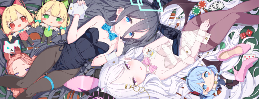 2girls absurdly_long_hair ako_(blue_archive) animal_ear_headphones animal_ears aris_(blue_archive) bare_shoulders black_bow black_hair black_leotard blonde_hair blue_archive blue_bow blue_bowtie blue_eyes blue_hairband blush bow bowtie braid breasts card cat_ear_headphones character_doll chibi commentary_request detached_collar fake_animal_ears green_eyes hair_between_eyes hair_ornament hair_spread_out hairband halo headphones highres hina_(blue_archive) leotard long_hair long_hair_between_eyes looking_at_viewer lying midori_(blue_archive) momoi_(blue_archive) multiple_girls on_back one_side_up open_mouth pantyhose playboy_bunny purple_eyes rabbit_ears red_eyes sando_(dukedevil) side-tie_leotard smile strapless strapless_leotard tail thigh_strap very_long_hair white_leotard wrist_cuffs yuzu_(blue_archive)