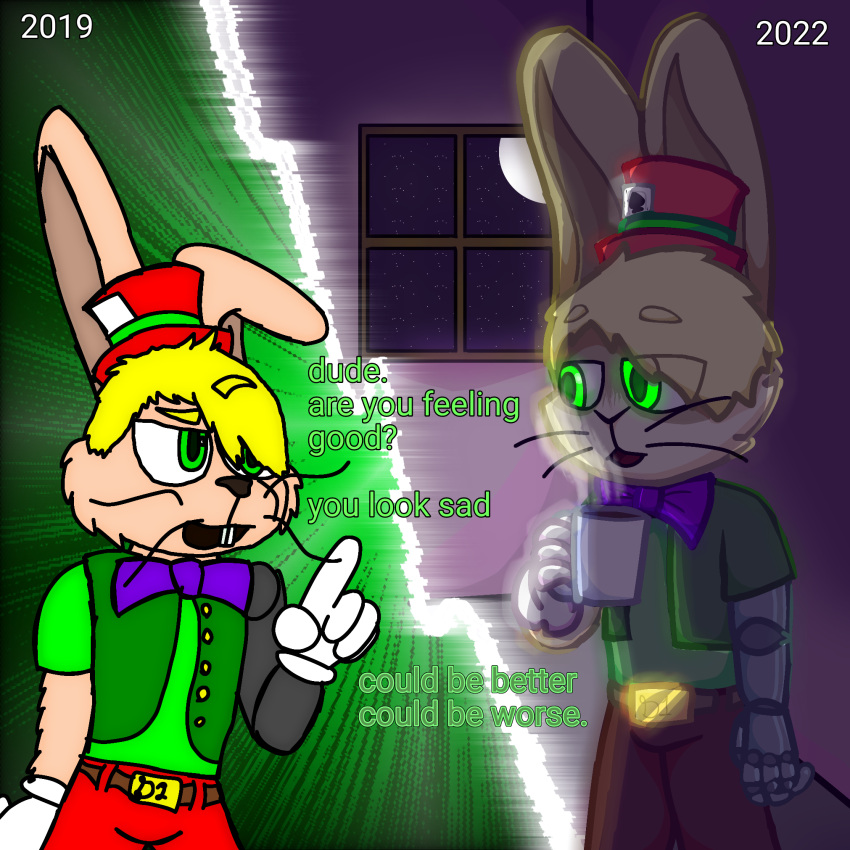 1:1 anthro art_improvement belt belt_buckle blonde_hair bottomwear bow_tie buckle buckteeth clothing coffee_mug container cup darlan_bunnit darli_buni dialogue different_artstyle domestic_rabbit duo dutch_rabbit english_text gloves green_clothing green_eyes green_shirt green_topwear green_vest hair handwear hi_res lagomorph leporid male mammal mug oryctolagus pants past_and_present past_meets_present prosthetic prosthetic_arm prosthetic_limb rabbit red_bottomwear red_clothing red_pants shaded shirt square_crossover teeth text topwear vest whiskers white_clothing white_gloves white_handwear