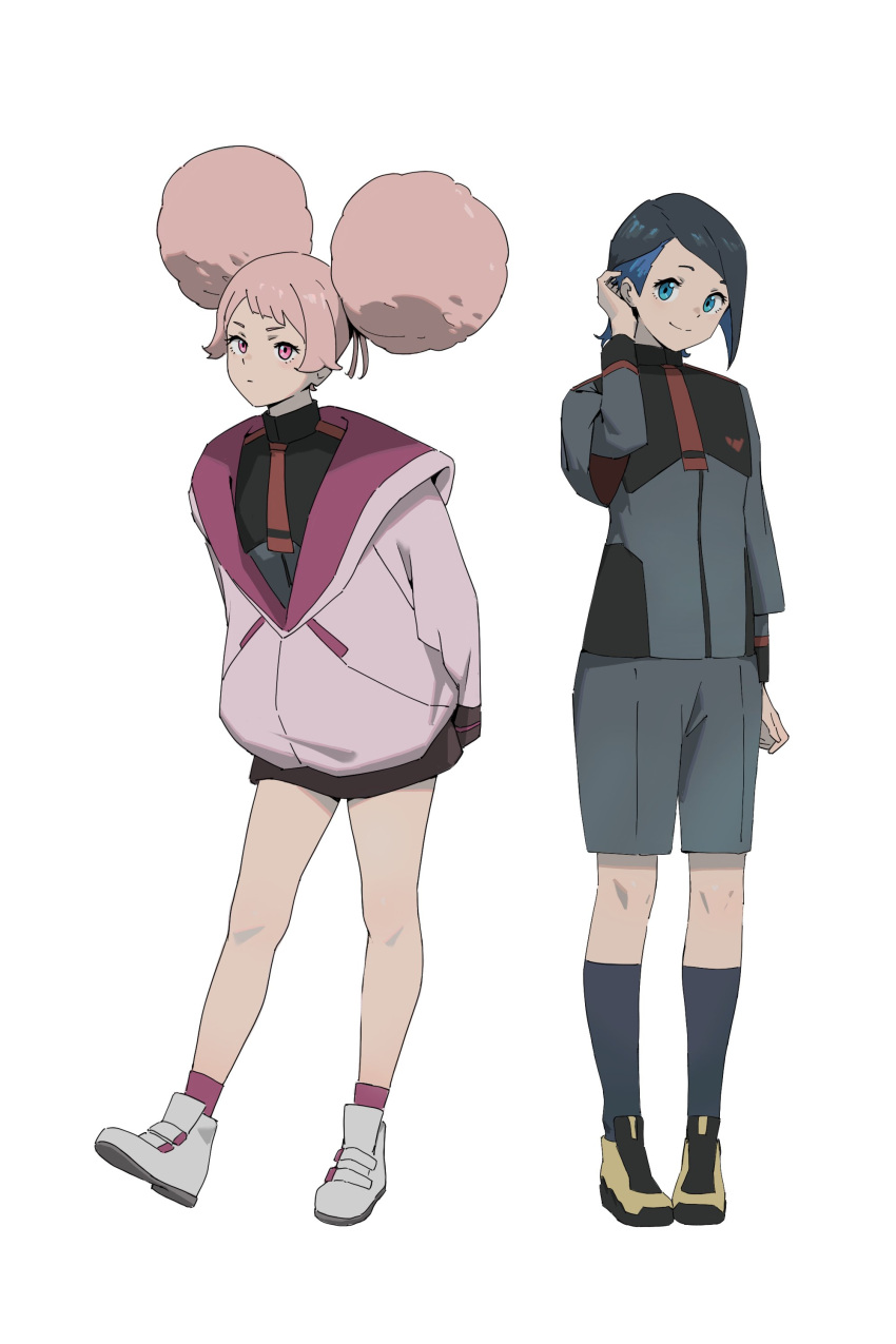 2girls absurdres afro_puffs asticassia_school_uniform black_hair blue_eyes blue_hair breasts chuatury_panlunch colored_inner_hair double_bun full_body green_jacket green_shorts gundam gundam_suisei_no_majo hair_bun highres jacket kneehighs long_hair looking_at_viewer medium_breasts multicolored_hair multiple_girls nika_nanaura open_mouth pink_eyes pink_hair psylduck school_uniform shoes short_hair shorts socks standing two-tone_hair