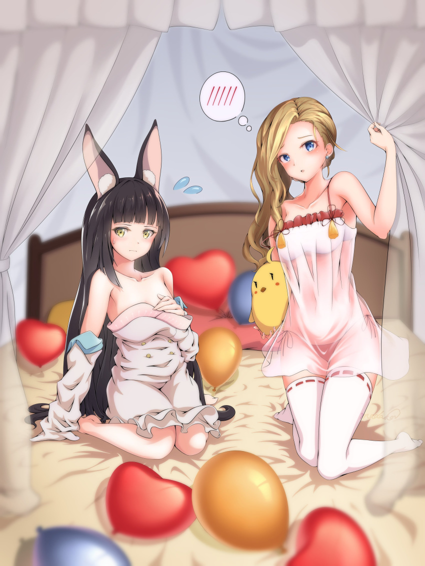 2girls absurdres animal_ears azur_lane babydoll balloon bed cosplay costume_switch dress elbow_gloves flying_sweatdrops fox_ears full_body gameplay_mechanics gloves highres hood_(azur_lane) hood_(azur_lane)_(cosplay) hood_(dawnlight's_dame)_(azur_lane) kneeling looking_at_viewer madakov_kodima manjuu_(azur_lane) multiple_girls nagato_(azur_lane) nagato_(azur_lane)_(cosplay) nagato_(great_fox's_respite)_(azur_lane) nightgown official_alternate_costume panties pillow ribbon-trimmed_thighhighs ribbon_trim side-tie_panties spoken_blush thighhighs thought_bubble underwear