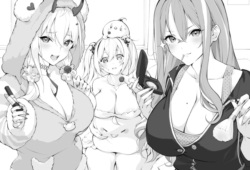 3girls :d animal_on_head azur_lane babydoll bad_id bad_pixiv_id bare_shoulders bird blush breasts bremerton_(azur_lane) bremerton_(relaxation_consultation)_(azur_lane) candy character_pillow chick choker cleavage closed_mouth collarbone commentary_request compact_(cosmetics) cosmetics elbing_(azur_lane) elbing_(sleepless_night's_wishes)_(azur_lane) food hair_between_eyes hair_down hair_ornament heterochromia holding holding_candy holding_food holding_lollipop hood hood_up hoodie horns jacket jewelry kumano_(azur_lane) kumano_(pj_poker_party)_(azur_lane) large_breasts lipstick_tube lollipop long_hair looking_at_viewer makeup_brush manjuu_(azur_lane) mole mole_on_breast mole_under_eye monochrome mouth_hold multicolored_hair multiple_girls nail_polish necklace official_alternate_costume official_alternate_hairstyle on_head oni_horns open_mouth parted_lips piwka sharp_teeth sidelocks sitting smile sparkle standing streaked_hair sweat tank_top teeth two-tone_hair two_side_up upper_teeth_only very_long_hair