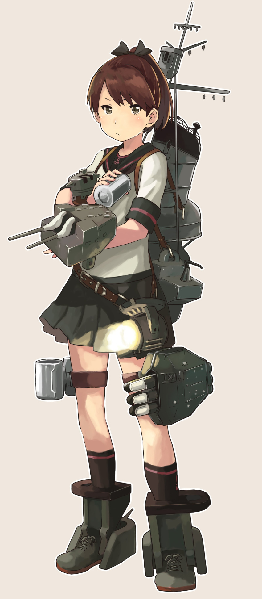 absurdres adapted_turret black_sailor_collar black_skirt brown_eyes brown_hair cannon commentary depth_charge female full_body grey_background highres kantai_collection looking_at_viewer machinery matsutani pleated_skirt ponytail sailor_collar school_uniform searchlight serafuku shikinami_(kancolle) shikinami_kai_ni_(kancolle) short_hair simple_background skirt smokestack solo standing torpedo_launcher turret