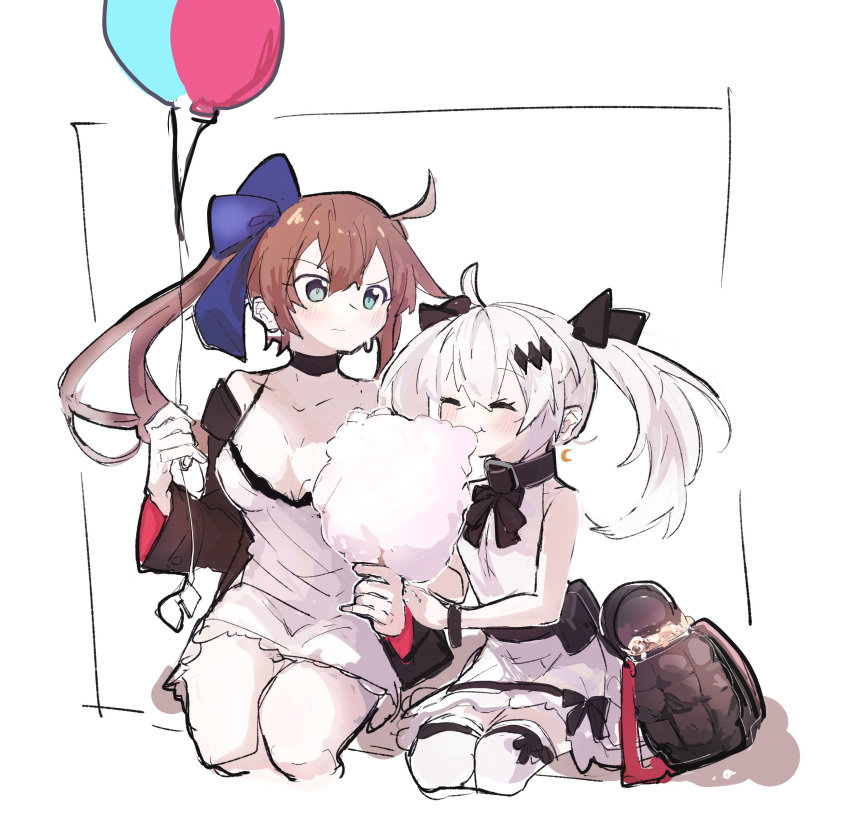 2girls absurdres aged_down ahoge bad_id bad_twitter_id bag balloon bare_shoulders black_bra black_jacket blush bow bra breasts brown_hair choker cleavage closed_eyes cotton_candy cowboy_shot crescent crescent_earrings dress earrings eating fal_(girls'_frontline) five-seven_(adventures_of_fenfen)_(girls'_frontline) five-seven_(girls'_frontline) girls'_frontline green_eyes hair_between_eyes hair_ornament hair_ribbon hairbow handbag highres holding jacket jewelry long_hair long_sleeves multiple_girls official_alternate_costume open_clothes open_jacket osakanadream pouch ribbon short_dress side_ponytail sidelocks simple_background sitting sleeveless sleeveless_dress thighhighs twintails underwear very_long_hair white_background white_dress white_hair white_legwear