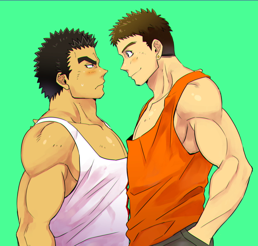 2boys akihiro_altland bara black_eyes black_hair blush brown_hair couple dark-skinned_male dark_skin earrings eye_contact ezaki_papiko gundam gundam_tekketsu_no_orphans highres imminent_kiss interracial jewelry large_pectorals looking_at_another male_focus multiple_boys muscular muscular_male norba_shino orange_eyes orange_tank_top pectorals pressing short_hair tank_top thick_eyebrows white_tank_top yaoi