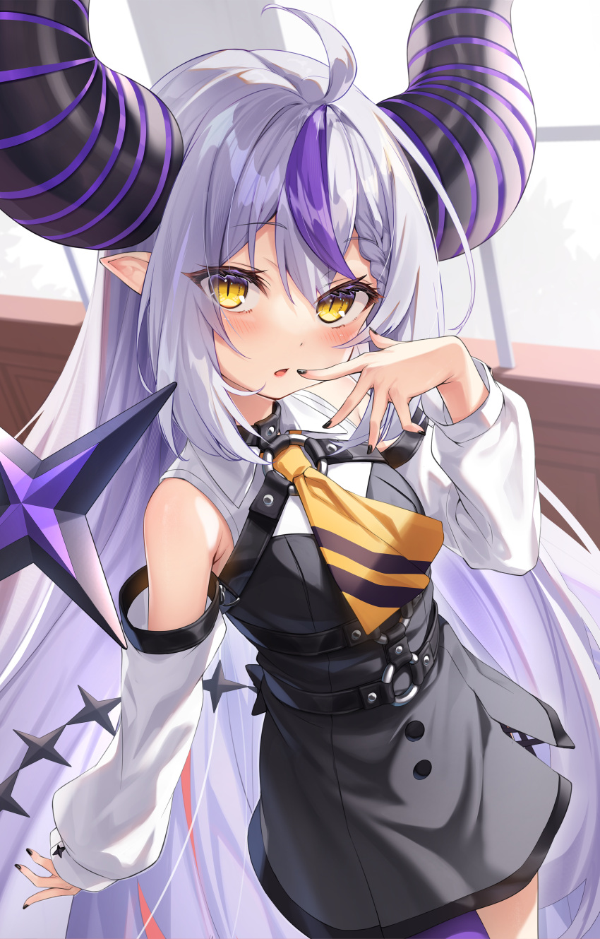 absurdres ahoge ascot black_choker black_dress black_nails blush braid choker demon_girl demon_horns detached_sleeves dress female grey_hair hand_to_own_mouth highres hololive horns la+_darknesss la+_darknesss_(1st_costume) long_hair long_sleeves looking_at_viewer mafuyun multicolored_hair o-ring open_mouth pantyhose pointy_ears purple_hair purple_pantyhose short_dress sidelocks single_leg_pantyhose sleeveless sleeveless_dress solo streaked_hair striped_horns very_long_hair virtual_youtuber yellow_ascot yellow_eyes