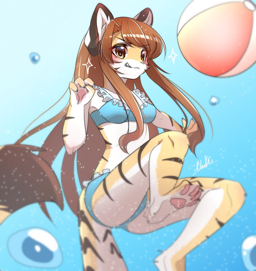 2021 4_fingers 4_toes anthro ball beach_ball bikini blush breasts brown_body brown_fur brown_hair claws clothing digital_media_(artwork) feet felid female female_anthro finger_claws fingers frilly frilly_clothing fur hair hi_res inflatable inner_ear_fluff kemono konatsu-chan long_hair mammal multicolored_body multicolored_fur multicolored_tail nachiwanko pantherine pawpads paws pink_nose signature smile smirk soles solo swimwear tail tan_body tan_fur teeth tiger toe_claws toes tuft water white_body white_fur yellow_eyes