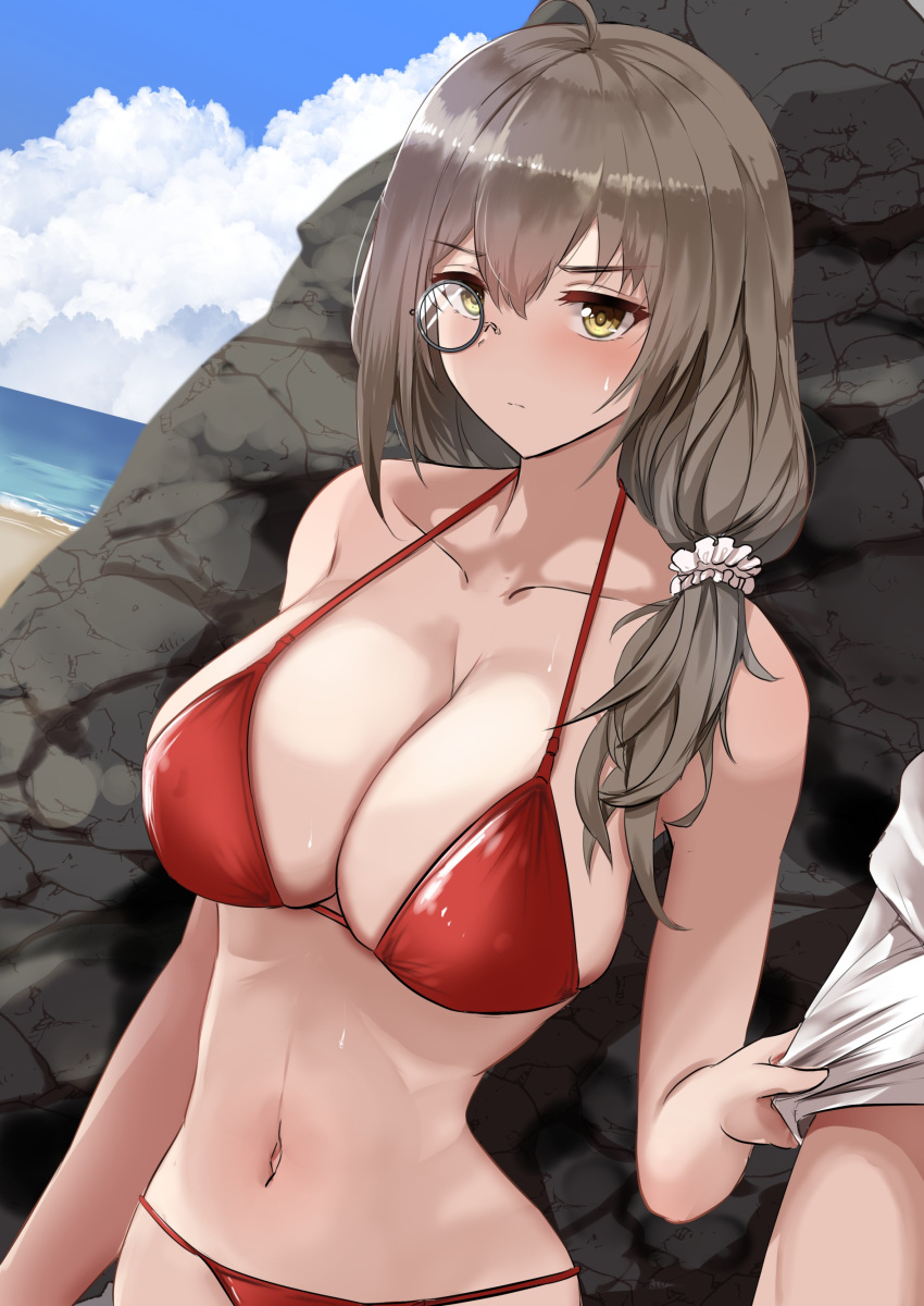 1boy absurdres ahoge beach bikini blue_sky breasts brown_eyes brown_hair cleavage cloud collarbone commentary_request day female girls'_frontline hair_ornament hair_scrunchie halterneck helianthus_(girls'_frontline) highres large_breasts long_hair low_ponytail monocle navel ocean out_of_frame outdoors ponytail red_bikini sand scrunchie sky solo_focus string_bikini swimsuit take_(trude1945oneetyan) white_scrunchie