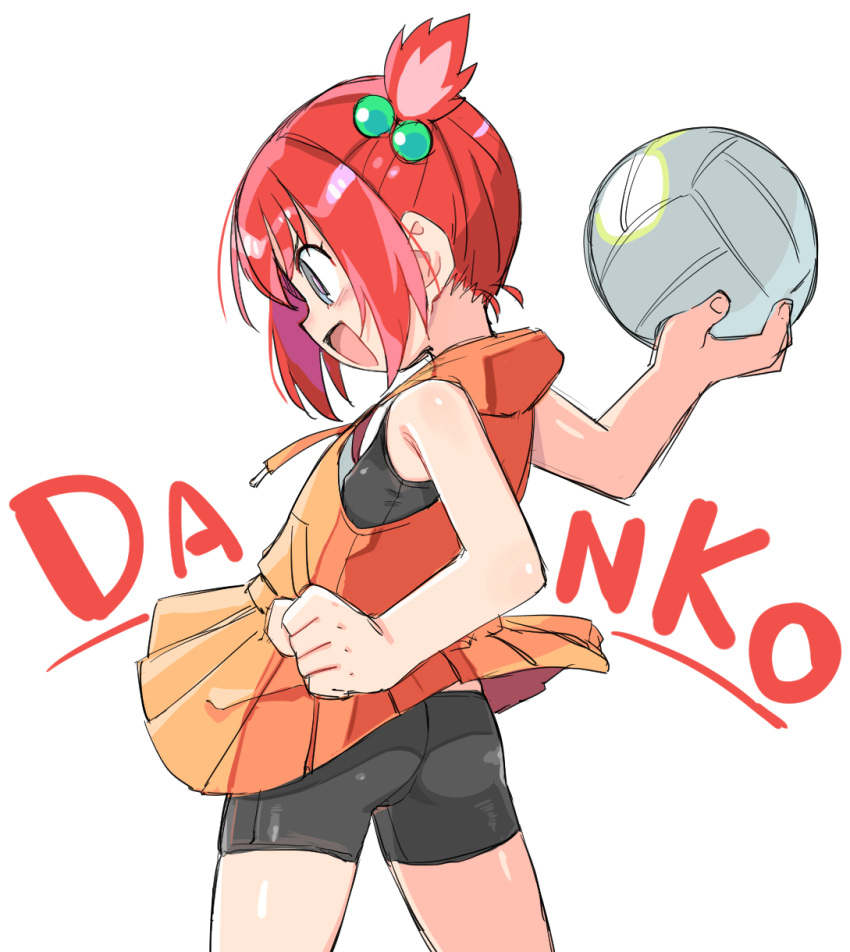 ass ball bike_shorts black_sports_bra breasts dodgeball female fire flat_chest hair_bobbles hair_ornament highres honoo_no_toukyuujo:_dodge_danko hood hoodie ichigeki_danko pleated_skirt red_hair shigehiro_(hiroi_heya) short_hair side_ponytail sideboob skirt sports_bra volleyball volleyball_(object) white_background